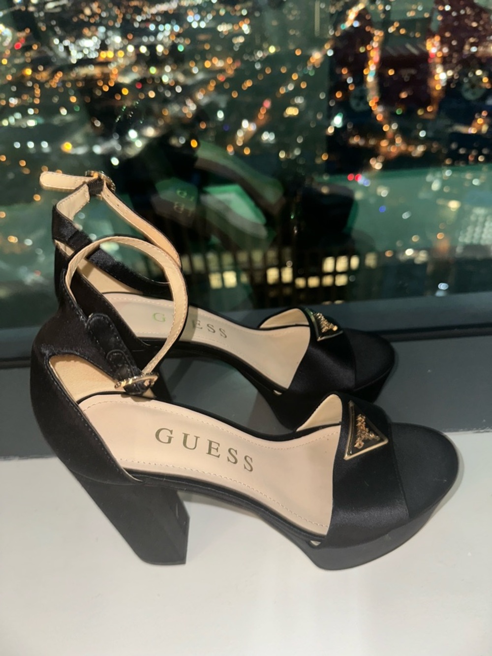 Guess Black Satin Block Heel Sandals with Ankle Strap